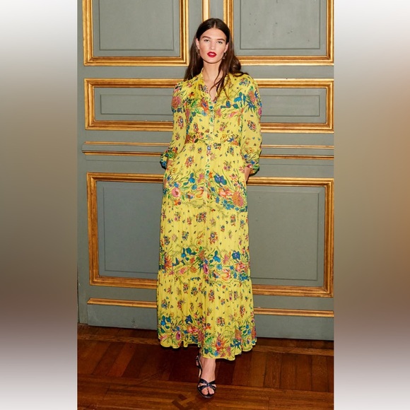 Boden Yellow Occasion Maxi Shirt Floral Prairie Dress - Picture 2 of 13